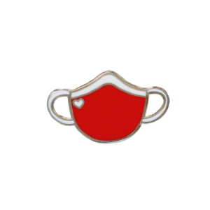 red mask with heart pin